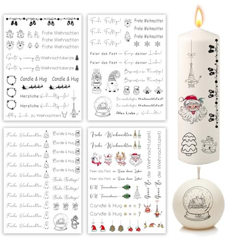 Bolosa 4 Stück Kerzentattoos für Neujahr und Weihnachten - Happy New Year und Merry Christmas Aufkleber für Stabkerzen