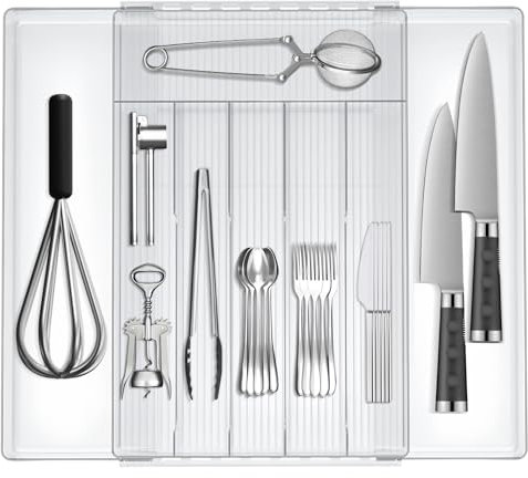 JYPS Besteckkasten für Schubladen, 8 Fächer Erweiterbar Besteckeinsatz Schubladen Organizer Küche, PET Cutlery 0rganizer Besteckhalter Schubladeneinsatz für Löffel Gabel Messer(Transparent)