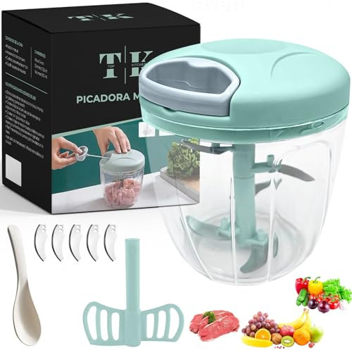 TOP KITCHEN Picadora Manual con Cuerda 900 ML, Multi Picadora de Verduras, Cortador de Alimentos con 5 Cuchillas