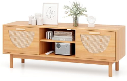 GYMAX Mobile Porta TV in Stile Rustico per TV Fino a 140 cm, Armadio con 2 Grandi Cassetti, Ripiani Aperti, 2 Fori per la Gestione dei Cavi, Consolle per Soggiorno e Camera da Letto, Naturale