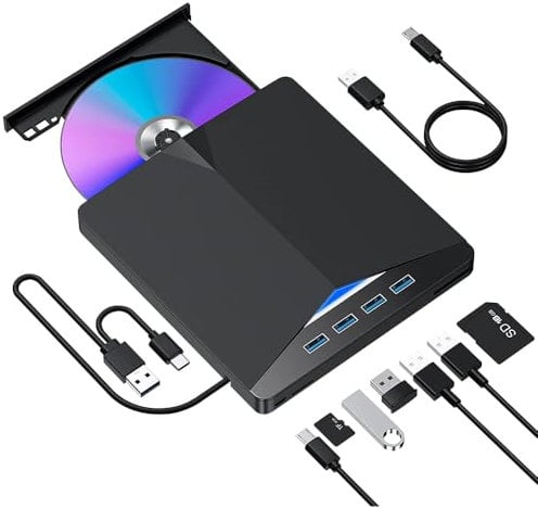 External CD DVD Drive, USB 3.0 & Type-C Portable CD/DVD RW Burner with SD/TF Slot & 4 USB Ports, Slim Optical Disc Drive for Laptop, Windows, Linux, MacBook, and iMac