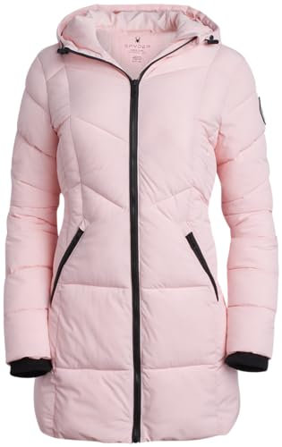 Spyder Long manteau d'hiver pour femme – Doudoune longue et confortable pour femme, coupe-vent et imperméable à capuche matelassée pour femme, rose poudré, Small