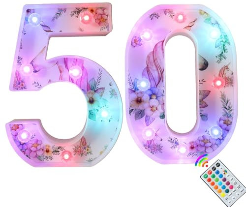Unicorn LED Light Up Numbers, 18 Color Changing Number Lights 50th Birthday Decorations, Unicorn Gifts for Women Birthday Party Anniversary Remote Night Light Christmas Wall Table Decor - Number 50