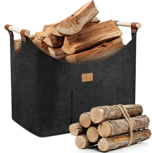 MZJAUVF Holzkorb für Kaminholz, 96L Kaminholzkorb, Faltbar brennholzkorb, Feuerholzkorb mit Griff, Brennholzkorb aus Extradickem Filz, 60x40x40cm Holzkorb Filz, Holzkorb Filztasche, Dunkelgrau