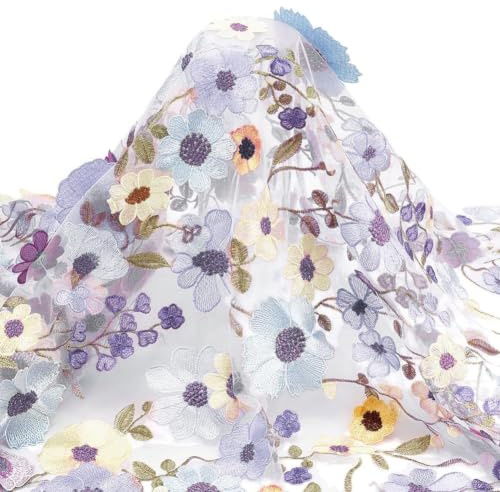 WADORN 1 Yards 3D Blumen Bestickter Spitze Stoff, 150cm Breiter Weiche Bunt Stickerei Spitzenbesatz Blumenstoff Vintage Blumenstickerei Netzspitze Für Nähen Stoff Basteln