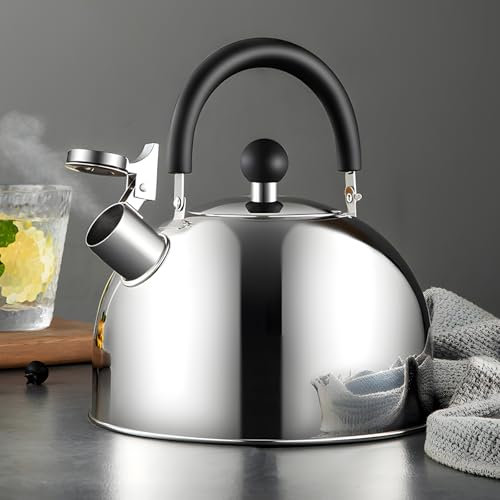 LTXDJ Whistling Kettle 2 L, Stainless Steel Stove Top Kettle with No Plastic Spout Ringer, Camping Kettles for Gas Hob Induction Hob Log Burner Wood Stove (Black-2L)