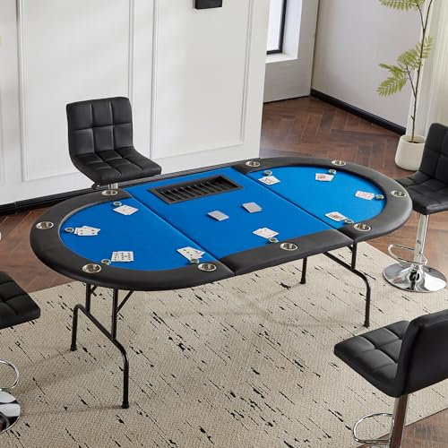 Mingone Oval Pokertisch Klappbar für bis zu 9 Spieler Poker Table, Getränkehalter aus Edelstahl Spieltisch, Blackjack, Roulette Tisch, Deko Casino Pokermit 208x106 cm, gepolsterte Armauflage blau