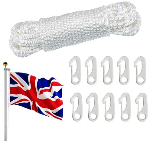 Nylon Flag Rope Flagpole, 20M Flag Pole Rope with Flag Pole Clip, 6mm Flag Pole Halyard Rope Kit Tree Swing Ropes with 10 Flag Pole Clip for Outdoor Sailboat Garden Camping(White)
