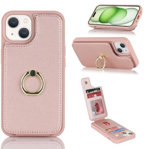 Cavor Phone Case compatible with iPhone 15 Case With Card Holder,Flip Leather Wallet Case,Buckle Metal Ring Shockproof Cover Case compatible with iPhone 15 - Rose gold