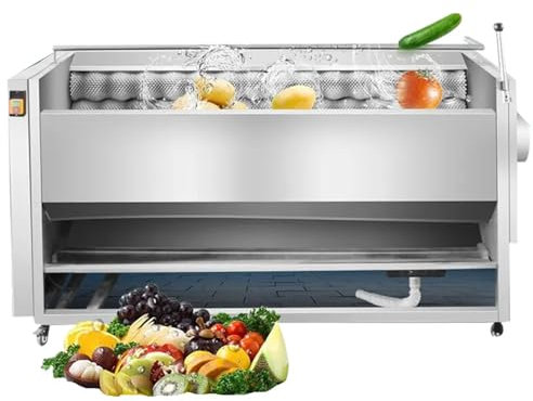 Electric Stainless Steel Vegetable Peeler and Cleaner, High Capacity 400kg/H with Filter Layer and 360° Nozzle, Ideal for Potatoes, Onions, Apples, Ginger