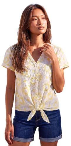 Roman Women Broderie Anglaise Tie Front Top Ladies Floral Crochet Embroidered Blouse Smart Casual Button Down Summer T-Shirt Tee Spring Cruise Beach Holiday Party Yellow