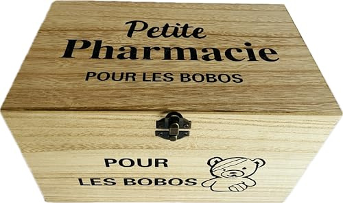 khevga Medikamentenbox „Petite Pharmacie – Pour les bobos“ – Hausapotheke Holzoptik, MDF, 25 × 15 × 15 cm, mit Deckel & Metallverschluss – Französische Vintage-Deko