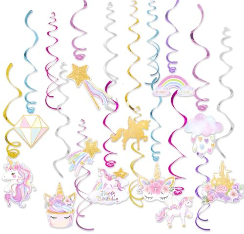24 Stück Einhorn Deko Kindergeburtstag, Einhorn Spiralen Aufhänger, Hängende Wirbel Kindergeburtstag Deko, 12 Karten und 12 Spiralen Happy Birthday Geburtstagsdeko Mädchen