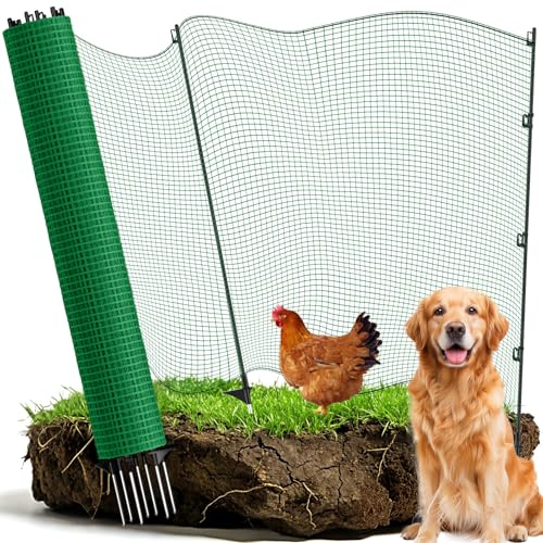 Begrenzungszaun,mobiler Zaun 15 m lang & 122 cm hoch,9 Fiberglaspfähle | ideal für Camping,Hühnerzaun,Hundezaun,Weidezaun,Gartenzaun,Geflügelnetz,Steckzaun (Dunkelgrün)