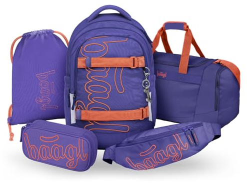 Baagl Schulrucksack Set Mädchen Teenager 5 Teilig Skate MAX 30 l Orange | Der ergonomische Schulranzen mit verstellbarem Rückensystem bietet viel Platz in Sporttasche, Gymbag und Bauchtasche.