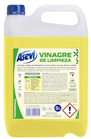 Asevi Vinagre de Limpieza con Detergente 5L – Limpiador Multiusos Profesional con Aroma Limón – Elimina Cal, Grasa y Suciedad – Apto para Cocina, Baño, Suelos y Cristales