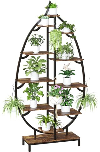 VINGLI Support Plantes avec Lampe de Croissance, etagere plante 10 Niveaux en Fer et Bois, 160 x 84 x 26 cm, Tube Noir + Panneau Couleur Bois Fumé, Idéale Salon Balcon Jardin 5 sorties LED