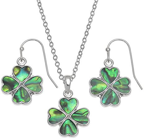 Kiara Jewellery Pendentif trèfle à quatre feuilles incrusté de coquille d'ormeau vert naturel sur chaîne de 45,7 cm avec boucles d'oreilles assorties plaquées rhodium hypoallergénique., Base en métal
