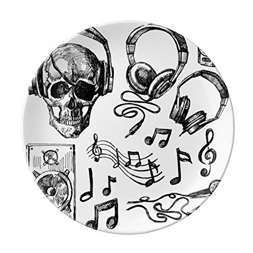 Dekorativer Dessertteller aus Porzellan mit Totenkopf-Headset-Musikinstrument-Muster, 20,3 cm