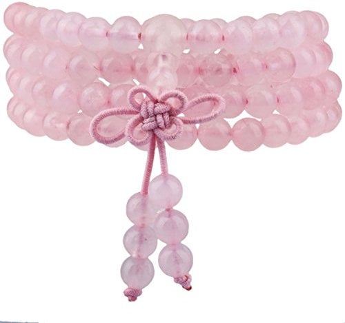 KYEYGWO 108 Prayer Mala Beads Wrap Wrist Bracelet for Women & Men, Tibetan Buddhist Meditation Stone Necklace for Unisex Elastic, Rose Quartz