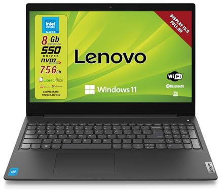 Notebook Lenovo SSD Cpu Intel Core I3 di 10 Gen, Display Full Hd Led da 15,6 Ram 8Gb DDR4, SSD M2 NVME 512GB, Wifi, Bt, Windows 10 Pro, Libre Office, Pronto All'uso, Garanzia Italia