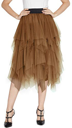 Urban GoCo, Petticoat-Rock, für Damen, kurz und Midi in Einem, aus Tüll, elastischer Bund mit asymmetrischem Tutu-Rock, für Party oder Tanzen, Braun Large
