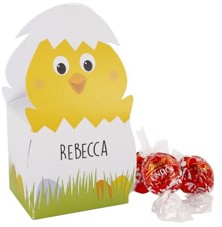 Herz & Heim® Osterküken mit 3 Lindt Lindor Kugeln ein handgefertigtes Ostergeschenk mit Wunschnamen personalisiert