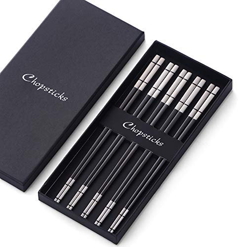 Bisda Baguettes en métal réutilisables set 5 paires de baguettes japonaises noires pour baguettes de sushi coréen 23,5 cm baguettes chinoises en acier inoxydable va au lave-vaisselle