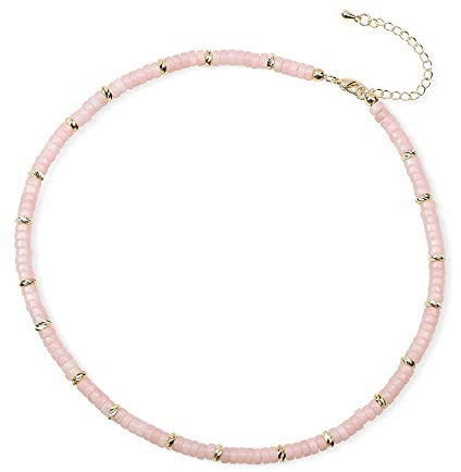 COAI Geschenkideen Damen Heishi Surfer Halskette Boho Bohemian Choker aus Rosa Opal Pinkopal 18k Vergoldete Kette