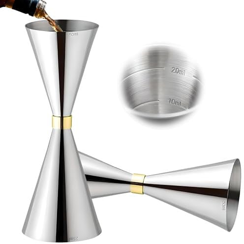 Delgeo Doseur Cocktail,Spirit Measure en Acier Inoxydable,Tasse à Mesurer Professionnelle pour Barman,Double Jigger avec Marque:5 ml/10 ml/15 ml/20 ml/30 ml/40 ml,Argent(25/50ml)