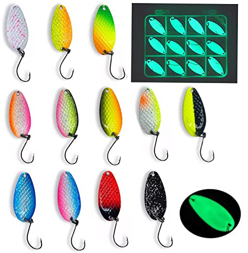 Njord Kalastus Glow Spoon Set | Selbst Leuchtende und UV Aktive Forellen Spoon Set 12 Stück+Box | Extreme Leuchtkraft durch Speziallack | Forellen Köder Set | Spoons Forelle