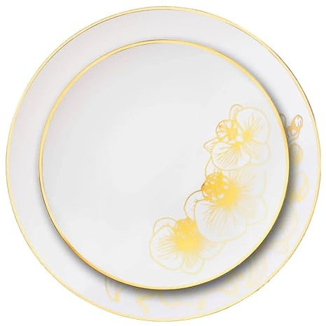 Decor Decorline - 32 Piatti Eleganti in Plastica Rigida Riutilizzabili per 16 persone - Collezione Orchid - Bianco/Oro - Piatti per la cena e il dessert - 2 misure (16x26cm, 16x19cm)