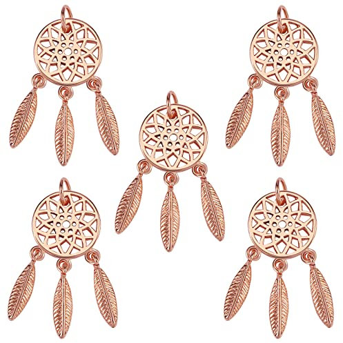 COGCHARGER 5 Pcs Dream Catcher Charms Woven Net Charm Pendants Web with Feather Pendants Rose Gold for Jewelry Necklace Bracelet Earring Making