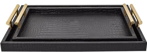 MACVAD Set of 2 Modern Elegant Large Wood Serving Tray, Rectangle Decorative Tray Ottoman Tay Coffee Table Tray, Black Crocodile Leather with Gold Polished Metal Handles