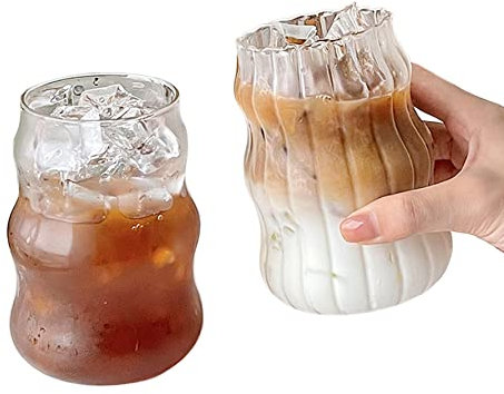 Muzrunq Tasses en Verre strié Transparent Tasses en Verre à café glacé ondulation Verres à Boire Verres de bière verrerie coulirée pour jus de Verre à Eau Tasses à café 2pcs