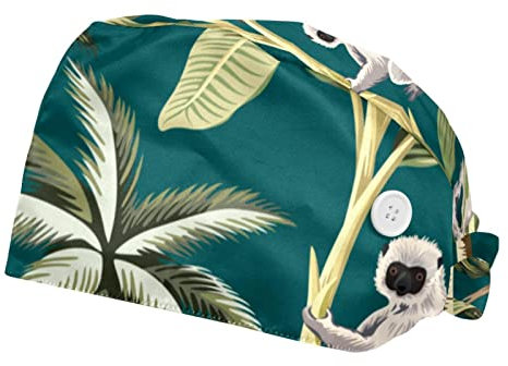 WOSHJIUK 2er-Pack Schrubbmützen,Bouffant-Hüte,Tieraffe tropischer Baum,Arbeitskappen mit Knopf und Schweißband,verstellbar