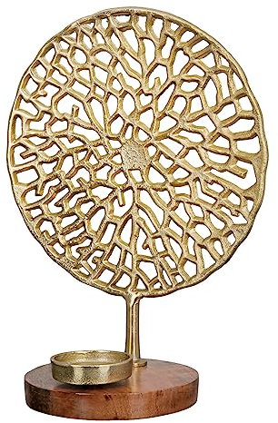 GILDE Deko Kerzenhalter Leuchter aus Aluminium und Holz - für Stumpenkerzen Kerzen mit Ø 6,5 cm - Farbe: Gold - Höhe 40 cm