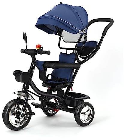 Homewell Dreirad mit Schubstange, Laufrad ab 1 Jahre, Kinderdreirad Kombiniert Trolley und Ride Funktionen, mit Faltbar, Abnehmbar Sonnendach und Pedal für Kinder unterschiedlichen Alters (01, Blau)