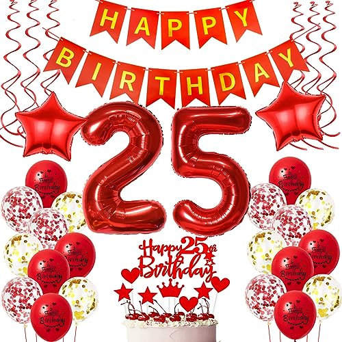 Deko 25. Geburtstag frauen Rot,Geburtstagsdeko 25 jahre frauen Luftballons 25 Geburtstag dekoration Rot,Folienballon 25 Geburtstag deko frauen Rot Tortendeko 25 Geburtstag frau deko rot