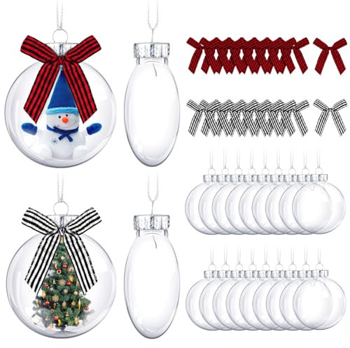 Yookeer 64 Stück Weihnachtsschmuck, Kunststoffscheiben, transparent, befüllbare Kugeln mit silberner Kappe und schwarzen, weißen, roten Büffelkarierten Schleifen für Handwerk, DIY, Baumkranz,