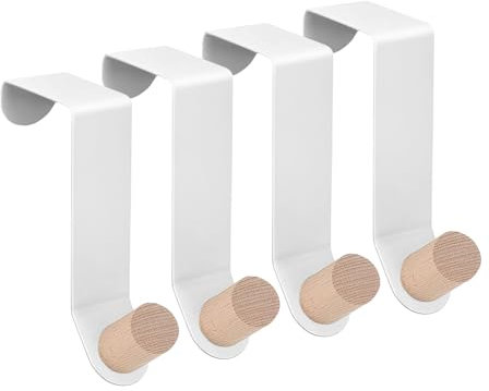 PEAKTOP Over The Door Hooks White, 4Pcs Over Door Metal Hooks Hanger for Hanging Clothes, Over Cabinet Drawer Reversible Hooks for Bedroom Bathroom Kitchen Wardrobe