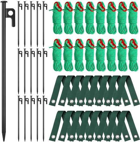 Suzile 48-teiliges Baumpfahl-Set, robustes Anker-Stütz-Set für junge Bäume, lehnende Setzlinge, Richtset enthält 16 Stück 30 cm Stahlpfähle, 16 Stück 40 cm Riemen, 16 Stück 4 m Seile gegen Wind