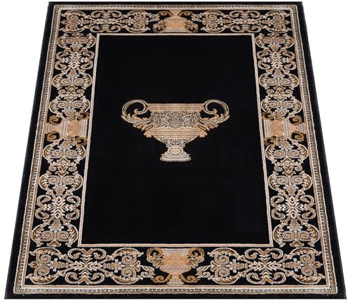 Belle Arti Teppich Orientteppich Wohnzimmer in Schwarz Gold mit Griechischem Mäander Amphore Muster Kurzflor - orientalisch antik edel rutschfest antiallergisch 100% Polyester (160 x 230 cm)