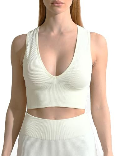 ANGOOL Sport BH Damen V-Ausschnitt Tank Top Damen Ribbed Mittlerer Halt Crop Top Gepolstert Seamless für Yoga Fitness Joggen Alltägliche Oberteile, Elfenbeinweiß, S