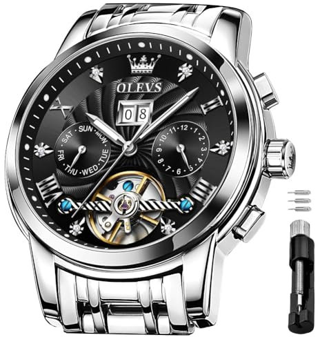 OLEVS Herren-Armbanduhr, automatisch, mechanisch, luxuriös, wasserdicht, selbstaufziehend, Mondphasen-Chronograph, Edelstahl, leuchtendes Datum, Tourbillon-Armbanduhr für Herren, Schwarz, Classic
