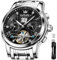 OLEVS Herren-Armbanduhr, automatisch, mechanisch, luxuriös, wasserdicht, selbstaufziehend, Mondphasen-Chronograph, Edelstahl, leuchtendes Datum, Tourbillon-Armbanduhr für Herren, Schwarz, Classic