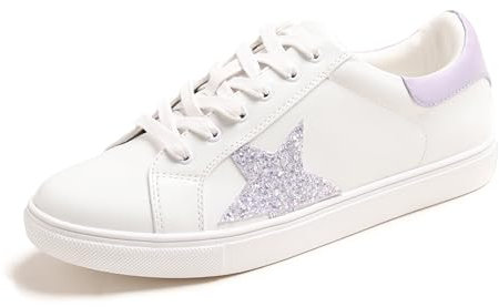 Feversole Women's Featured PU Leather Lace-Up Sneaker,Damen Sneaker Atmungsaktiv Turnschuhe Leicht Laufschuhe Sportschuhe Freizeitschuhe Klassisch Weißer Glitzer Flieder Stern EU40