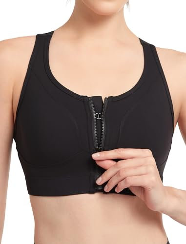 Yvette Sport BH Verstellbar Träger Starker Halt Vorderverschluss mit Mesh Ringerrücken Große Brüste für Lauf,Schwarz,5XL Große Größen