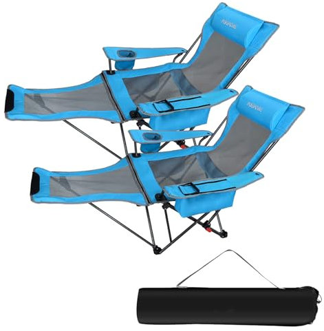 POEPORE Campingstuhl 2er Set Faltbar mit Fußstütze 4-Fach Campingstühle Strandstuhl Liegestuhl für Erwachsene 120kg Klappbarer Angelstuhl mit Kühltasche Wattepad Kissen Getränkehalter Blau