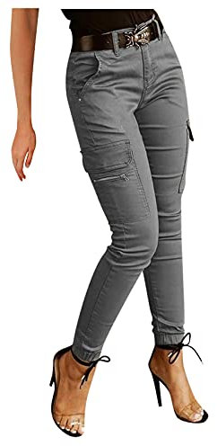 Pantalon cargo taille haute pour femme - Coupe ajustée - Jambe droite - Élastique - Pantalon cargo de sport décontracté - Avec poches, gris, XL